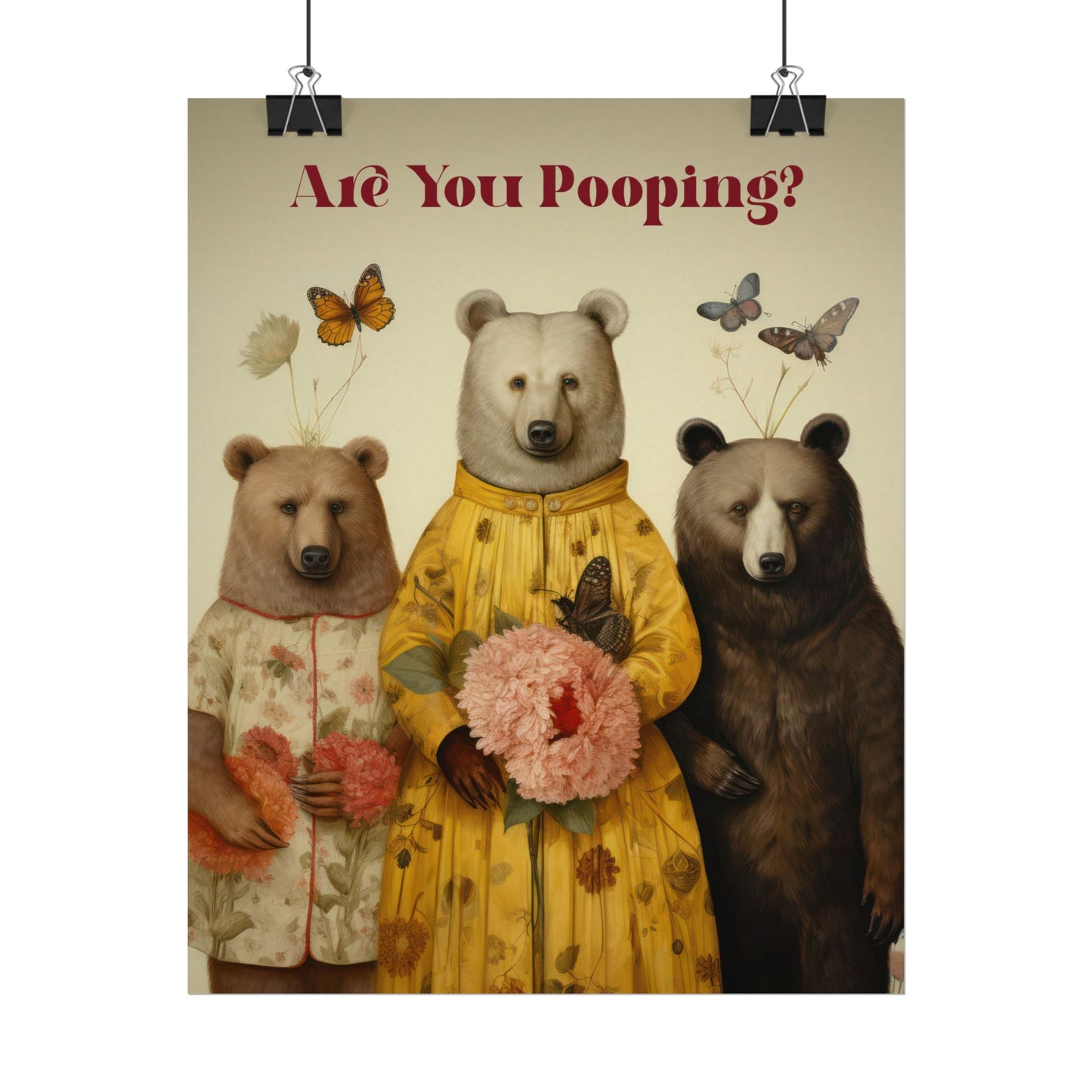 Country Bears Asking, Are You Pooping, Textured Watercolor Matte Posters, For Bathrooms and Toilets, Shared Restrooms and Bathrooms