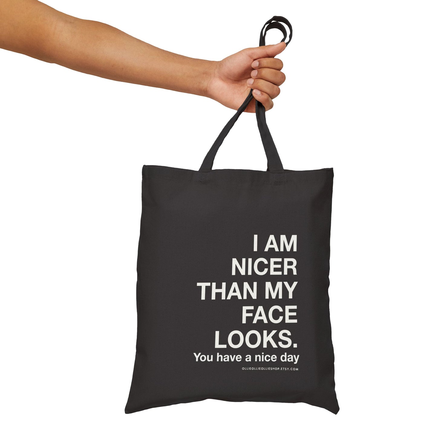 I'm Nicer than My Face Looks Sunflower Cotton Canvas Tote Bag, Funny & Sarcastic Reusable Shopping Bag, Eco Friendly Everyday Bag