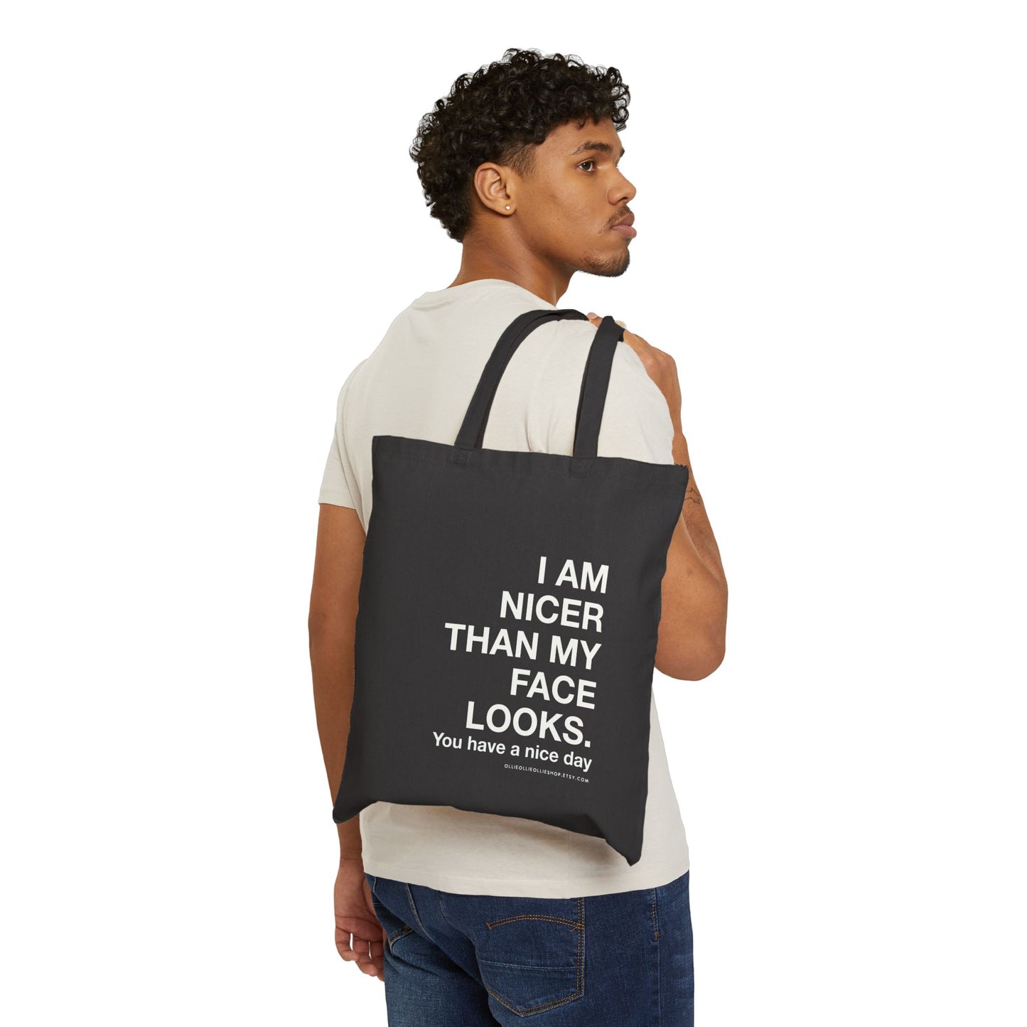 I'm Nicer than My Face Looks Sunflower Cotton Canvas Tote Bag, Funny & Sarcastic Reusable Shopping Bag, Eco Friendly Everyday Bag