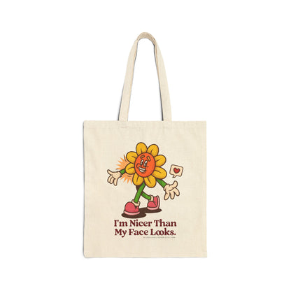 I'm Nicer than My Face Looks Sunflower Cotton Canvas Tote Bag, Funny & Sarcastic Reusable Shopping Bag, Eco Friendly Everyday Bag