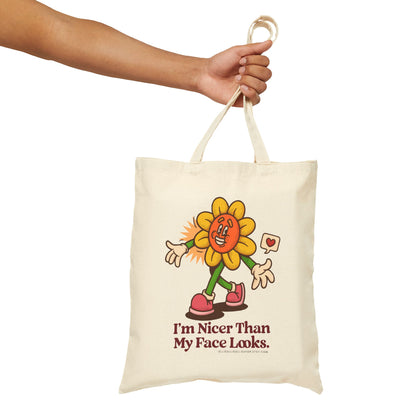 I'm Nicer than My Face Looks Sunflower Cotton Canvas Tote Bag, Funny & Sarcastic Reusable Shopping Bag, Eco Friendly Everyday Bag