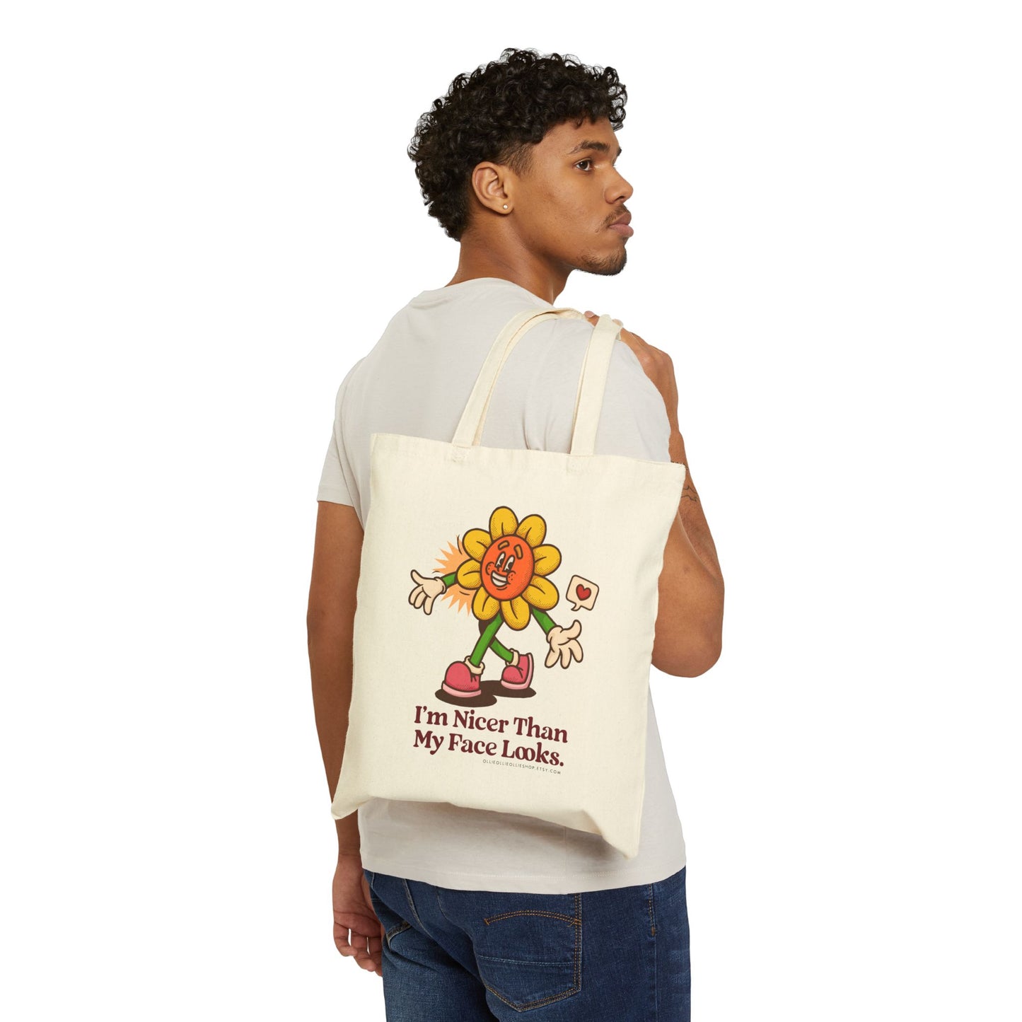 I'm Nicer than My Face Looks Sunflower Cotton Canvas Tote Bag, Funny & Sarcastic Reusable Shopping Bag, Eco Friendly Everyday Bag